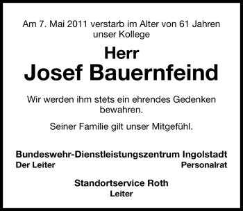 Traueranzeige von Josef Bauernfeind von Nürnberger Nachrichten