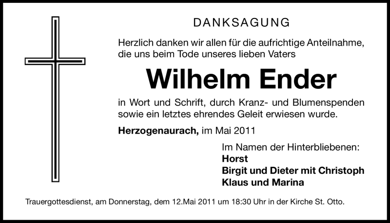  Traueranzeige für Wilhelm Ender vom 11.05.2011 aus Nürnberger Nachrichten