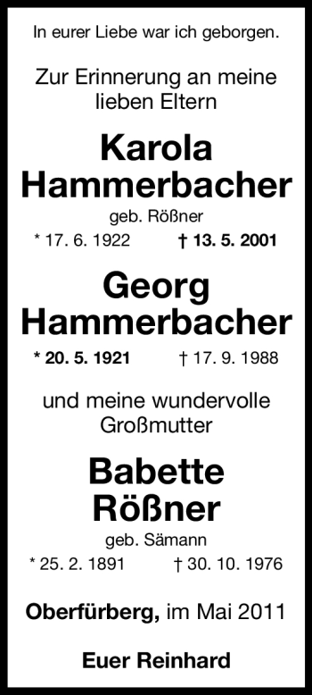 Traueranzeige von Karola und Georg Hammerbacher von Nürnberger Nachrichten