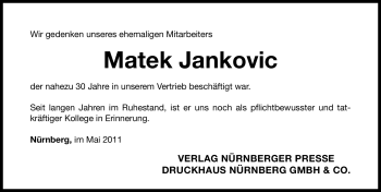 Traueranzeige von Matek Jankovic von Nürnberger Nachrichten