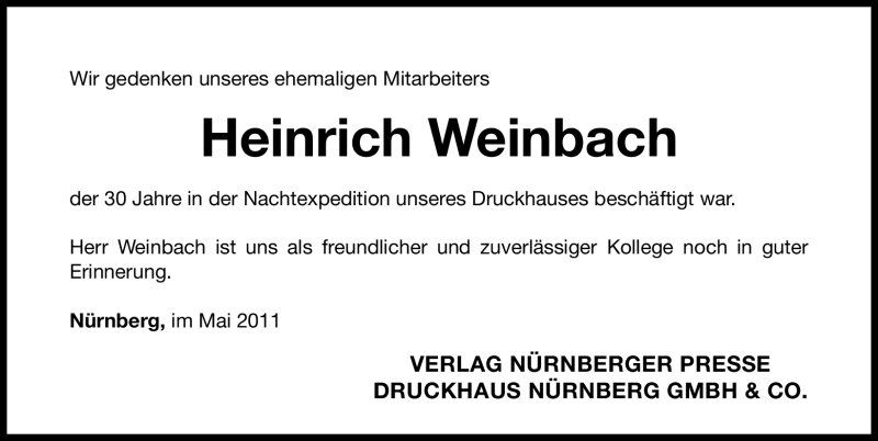  Traueranzeige für Heinrich Weinbach vom 11.05.2011 aus Nürnberger Nachrichten