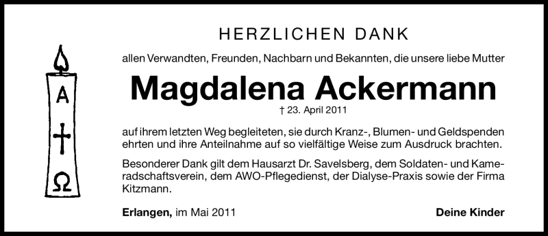  Traueranzeige für Magdalena Ackermann vom 11.05.2011 aus Nürnberger Nachrichten