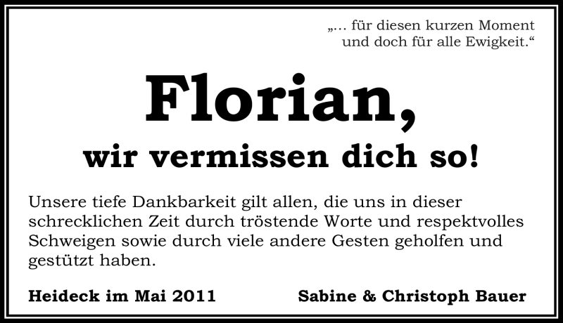  Traueranzeige für Florian Bauer vom 11.05.2011 aus Nürnberger Nachrichten