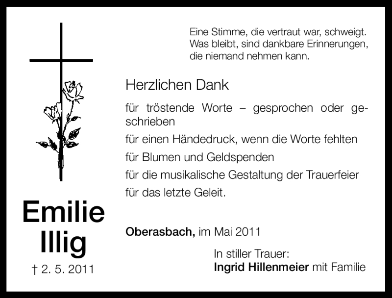  Traueranzeige für Emilie Illig vom 11.05.2011 aus Nürnberger Nachrichten