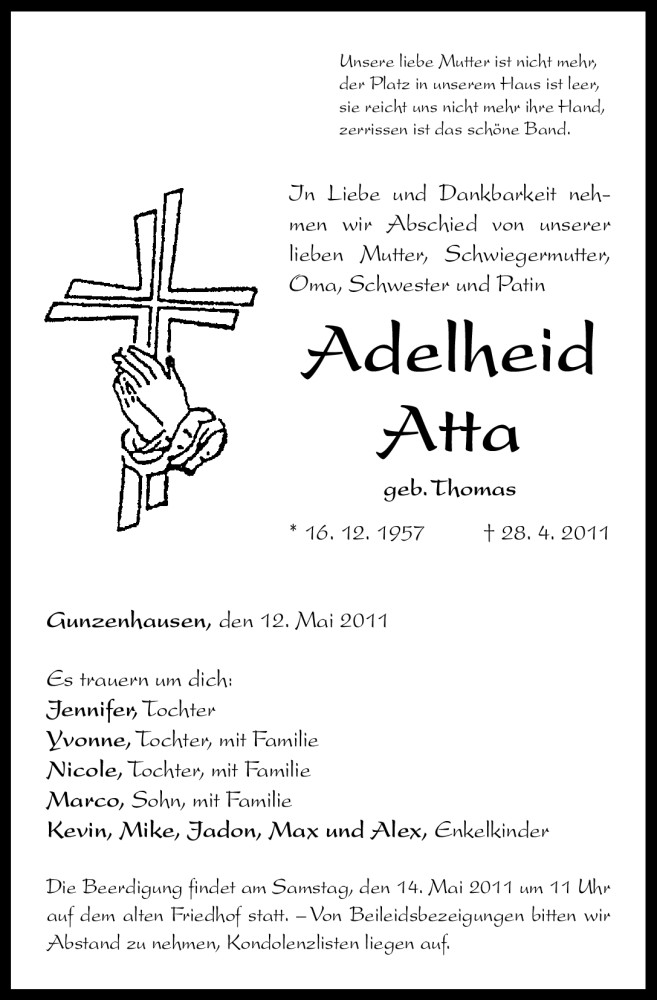  Traueranzeige für Adelheid Atta vom 12.05.2011 aus Nürnberger Nachrichten