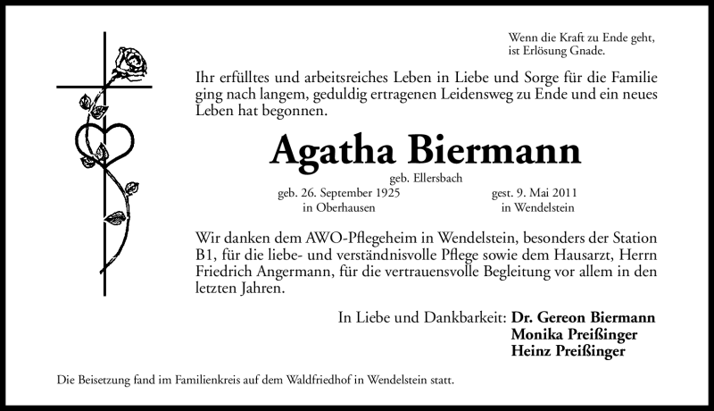  Traueranzeige für Agatha Biermann vom 14.05.2011 aus Nürnberger Nachrichten