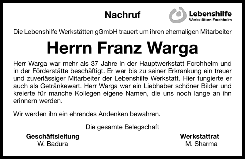  Traueranzeige für Franz Warga vom 13.05.2011 aus Nürnberger Nachrichten