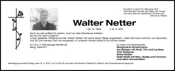 Traueranzeige von Walter Netter von Nürnberger Nachrichten