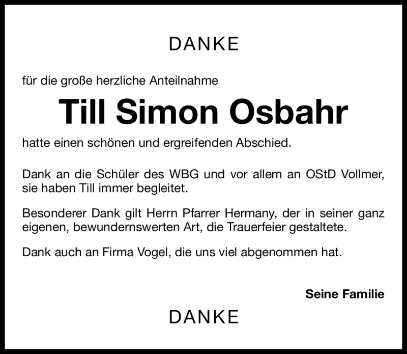  Traueranzeige für Till Simon Osbahr vom 13.05.2011 aus Nürnberger Nachrichten