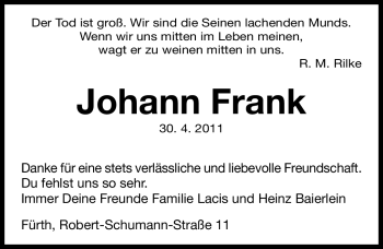 Traueranzeige von Johann Frank von Nürnberger Nachrichten