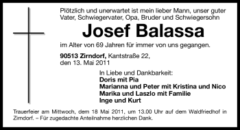 Traueranzeige von Josef Balasca von Nürnberger Nachrichten