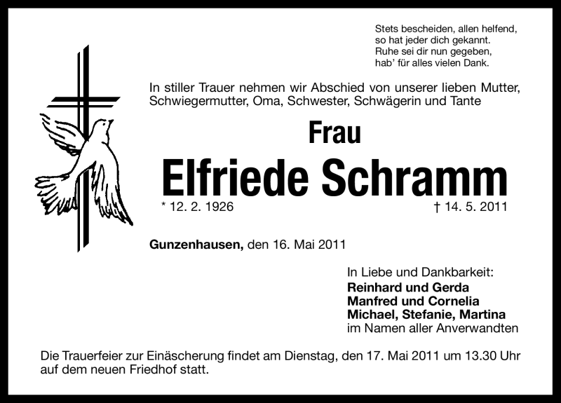  Traueranzeige für Elfriede Schramm vom 16.05.2011 aus Nürnberger Nachrichten
