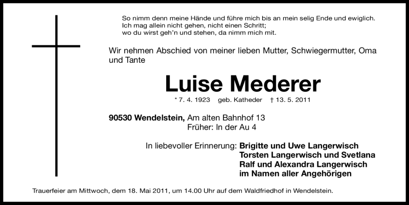  Traueranzeige für Luise Mederer vom 16.05.2011 aus Nürnberger Nachrichten