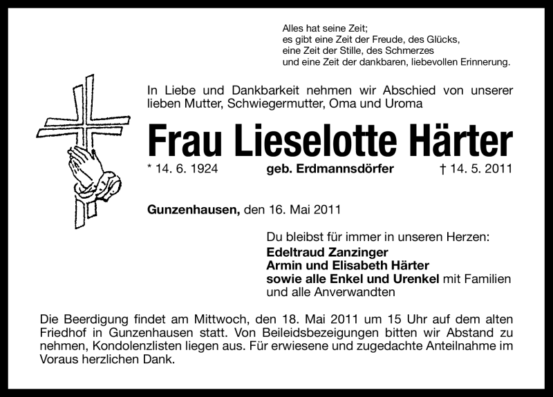  Traueranzeige für Liselotte Härter vom 16.05.2011 aus Nürnberger Nachrichten