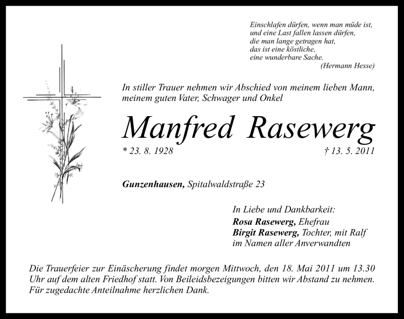  Traueranzeige für Manfred Raseweg vom 17.05.2011 aus Nürnberger Nachrichten