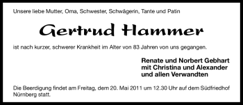 Traueranzeige von Gertrud Hammer von Nürnberger Nachrichten