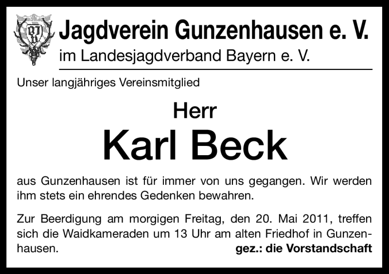  Traueranzeige für Karl Beck vom 19.05.2011 aus Nürnberger Nachrichten
