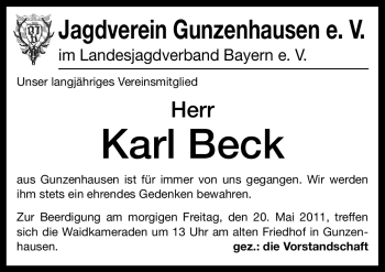 Traueranzeige von Karl Beck von Nürnberger Nachrichten