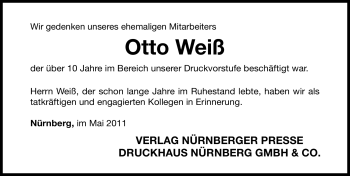 Traueranzeige von Otto Weiß von Nürnberger Nachrichten