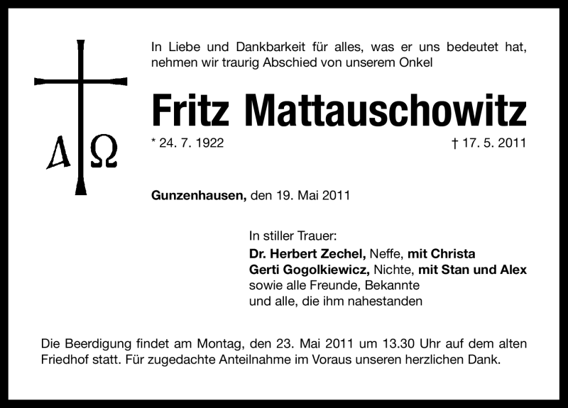  Traueranzeige für Fritz Mattauschowitz vom 19.05.2011 aus Nürnberger Nachrichten