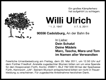 Traueranzeige von Willi Ulrich von Nürnberger Nachrichten