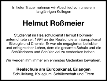 Traueranzeige von Helmut Roßmeier von Nürnberger Nachrichten