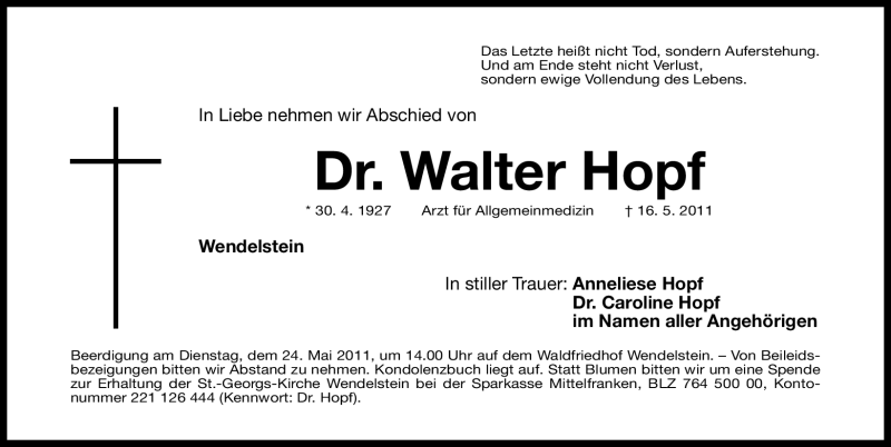  Traueranzeige für Walter Hopf vom 21.05.2011 aus Nürnberger Nachrichten