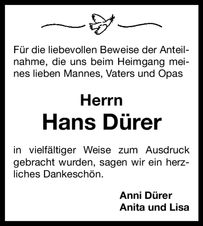  Traueranzeige für Hans Dürer vom 21.05.2011 aus Nürnberger Nachrichten