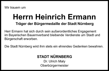 Traueranzeige von Heinrich Ermann von Nürnberger Nachrichten