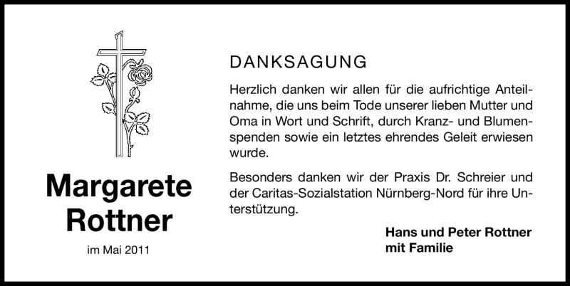  Traueranzeige für Margarete Rottner vom 21.05.2011 aus Nürnberger Nachrichten