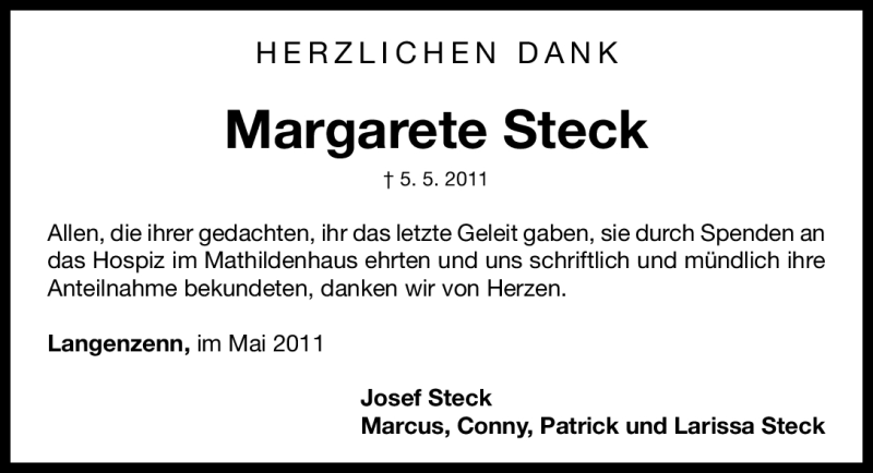 Traueranzeige für Margarete Steck vom 21.05.2011 aus Nürnberger Nachrichten