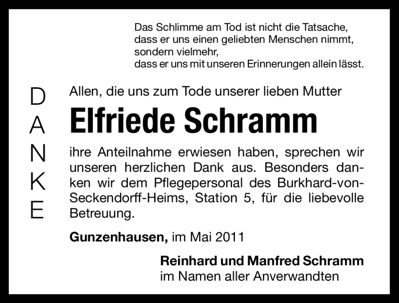  Traueranzeige für Elfriede Schramm vom 21.05.2011 aus Nürnberger Nachrichten