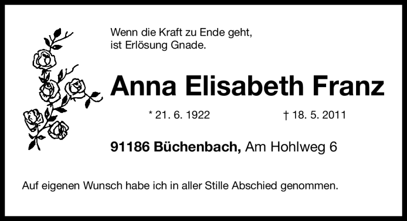 Traueranzeige für Anna Elisabeth Franz vom 21.05.2011 aus Nürnberger Nachrichten