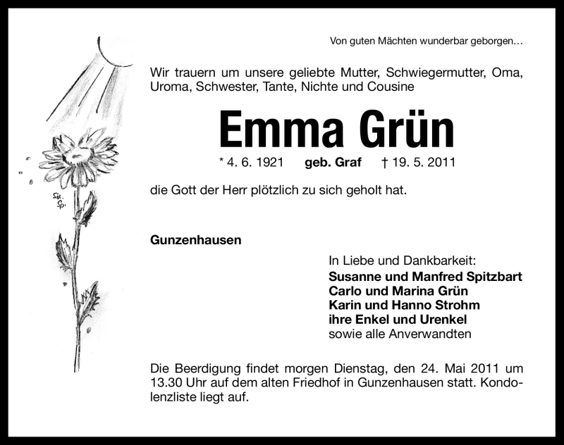  Traueranzeige für Emma Grün vom 23.05.2011 aus Nürnberger Nachrichten