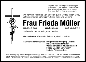 Traueranzeige von Frieda Müller von Nürnberger Nachrichten