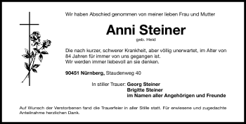Traueranzeige von Anni Steiner von Nürnberger Nachrichten