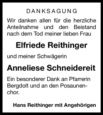 Traueranzeige von Elfriede Reithinger von Nürnberger Nachrichten