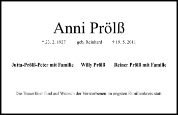 Traueranzeige von Anni Prölß von Nürnberger Nachrichten