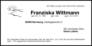 Traueranzeige von Franziska Wittmann von Nürnberger Nachrichten