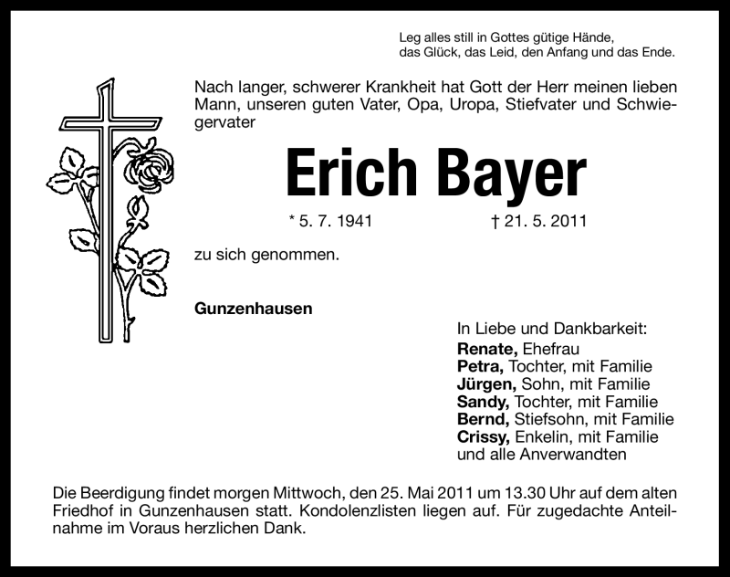 Traueranzeige für Erich Bayer vom 24.05.2011 aus Nürnberger Nachrichten