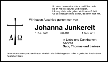 Traueranzeige von Johanna Junkereit von Nürnberger Nachrichten