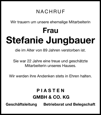 Traueranzeige von Stefanie Jungbauer von Nürnberger Nachrichten