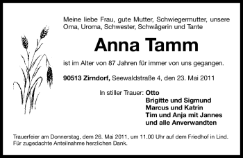 Traueranzeige von Anna Tamm von Nürnberger Nachrichten