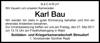 Traueranzeige von Karl Bau von Nürnberger Nachrichten