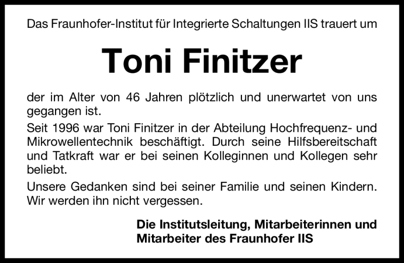 Traueranzeige für Toni Finitzer vom 26.05.2011 aus Nürnberger Nachrichten