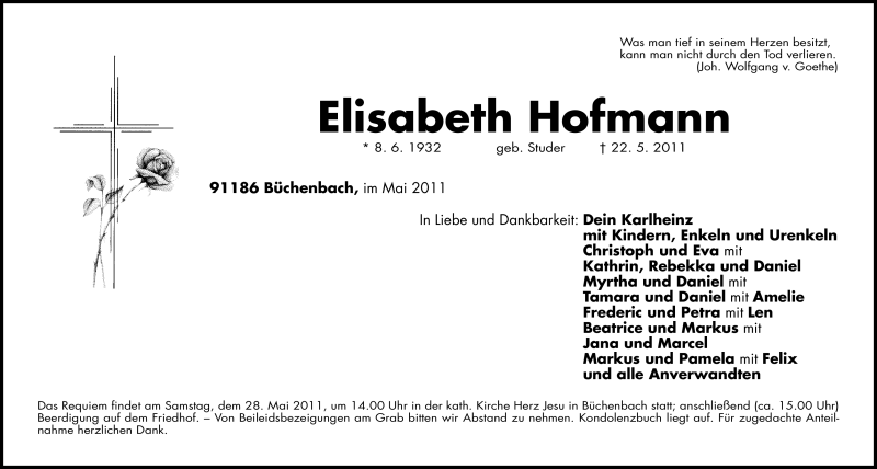  Traueranzeige für Elisabeth Hofmann vom 25.05.2011 aus Nürnberger Nachrichten