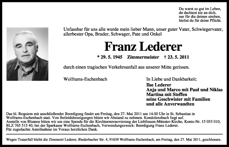  Traueranzeige für Franz Lederer vom 25.05.2011 aus Nürnberger Nachrichten