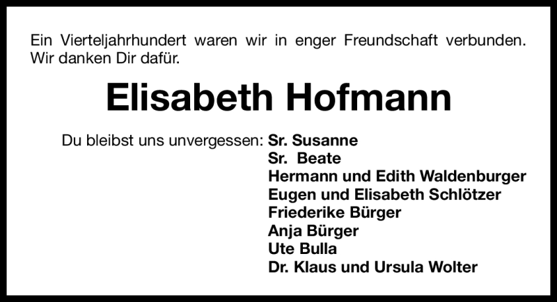  Traueranzeige für Elisabeth Hofmann vom 25.05.2011 aus Nürnberger Nachrichten