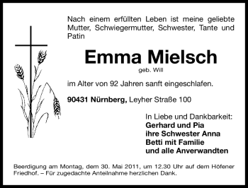 Traueranzeige von Emma Mielsch von Nürnberger Nachrichten