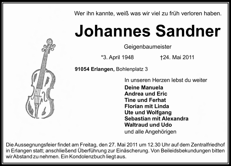  Traueranzeige für Johannes Sandner vom 26.05.2011 aus Nürnberger Nachrichten